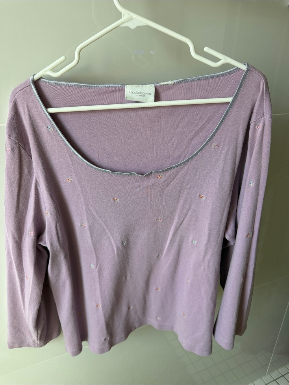 Liz Claiborne purple, long sleeve T-shirt with satin piping around neck line
